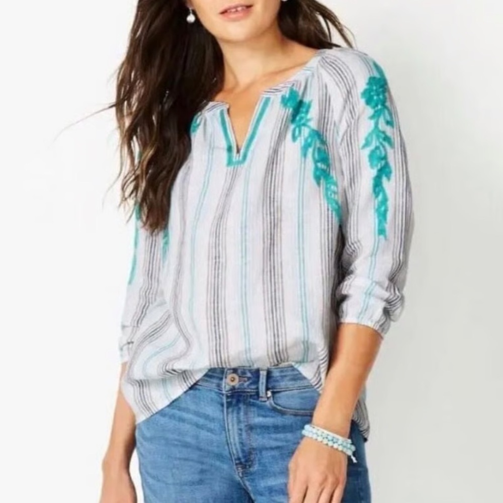 J. Jill Love Linen Striped Embroidered Blouse